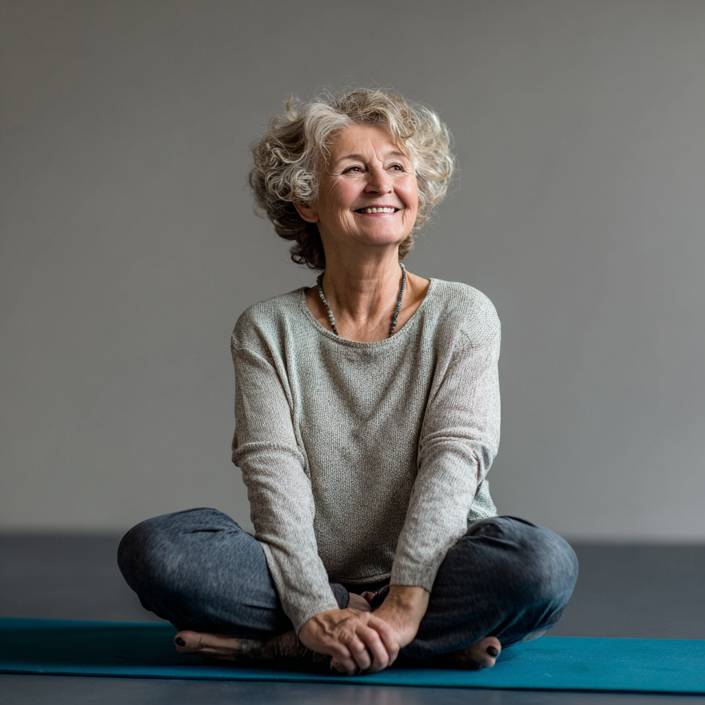 Smiling elderly European woman in comfortable yoga clothes doing morning stretches in a bright, peaceful room with natural lighting