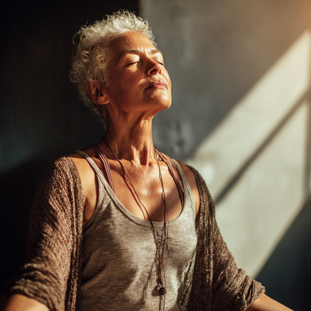 Peaceful elderly European man sitting in meditation pose outdoors during golden hour, surrounded by gentle morning light
